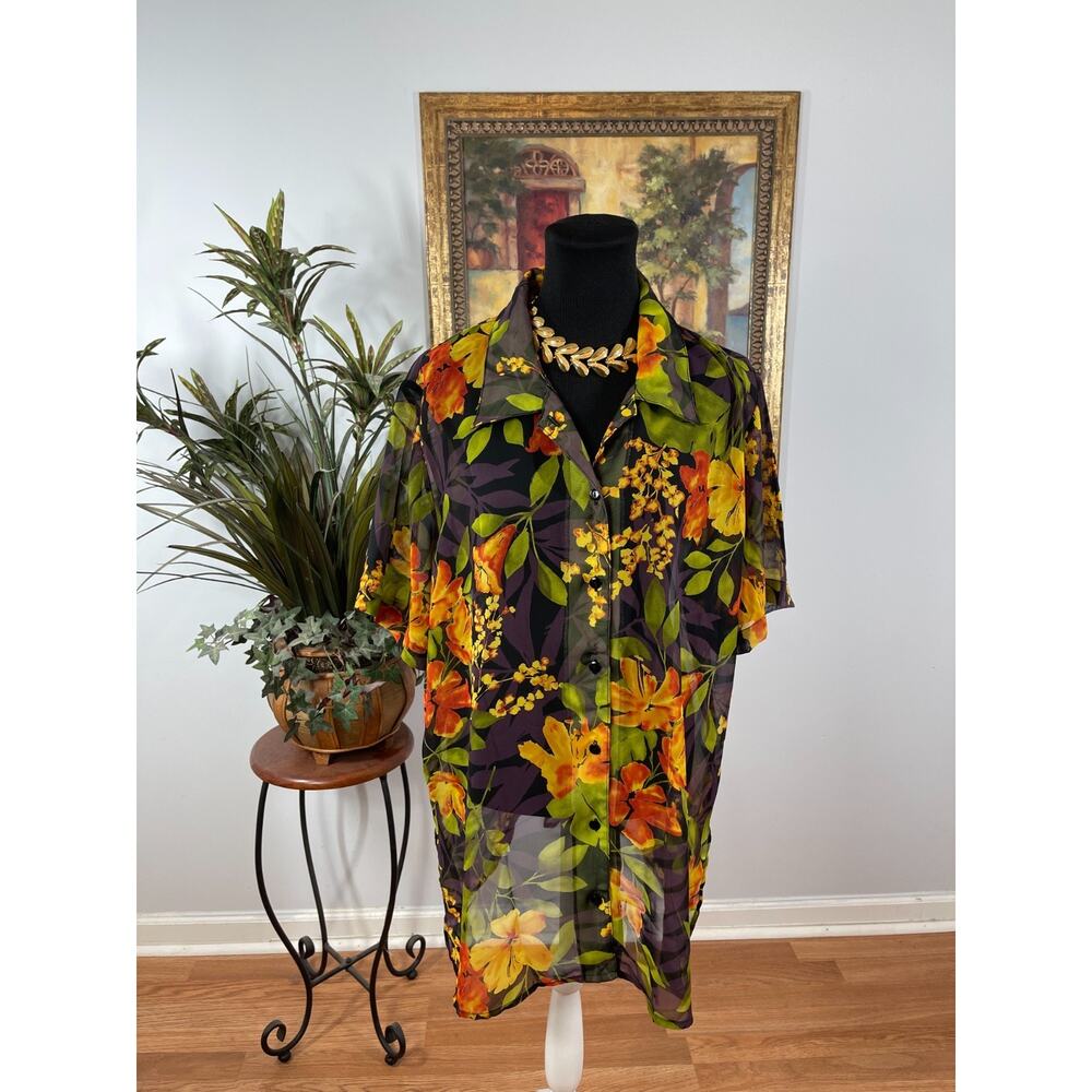Liz Baker Blouse Top Womens Size 1X Multicolor Floral Coastal Gauzy Short Sleeve